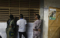 Locals peeping through metal window façade as Electoral officials count ballot papers at the end of voting in one of the polling stations in Lome, Togo Saturday, Feb. 22 2020. The West African nation of Togo is voting Saturday in a presidential election that is likely to see the incumbent re-elected for a fourth term despite years of calls by the opposition for new leadership. (Photo/ Sunday Alamba)