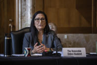 Rep. Deb Haaland, D-N.M., speaks during a Senate Committee on Energy and Natural Resources hearing on her nomination to be Interior Secretary, Tuesday, Feb. 23, 2021 on Capitol Hill in Washington. (Graeme Jennings/Pool via AP)