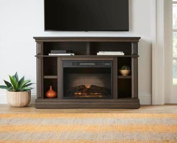 electric fireplace with shelving