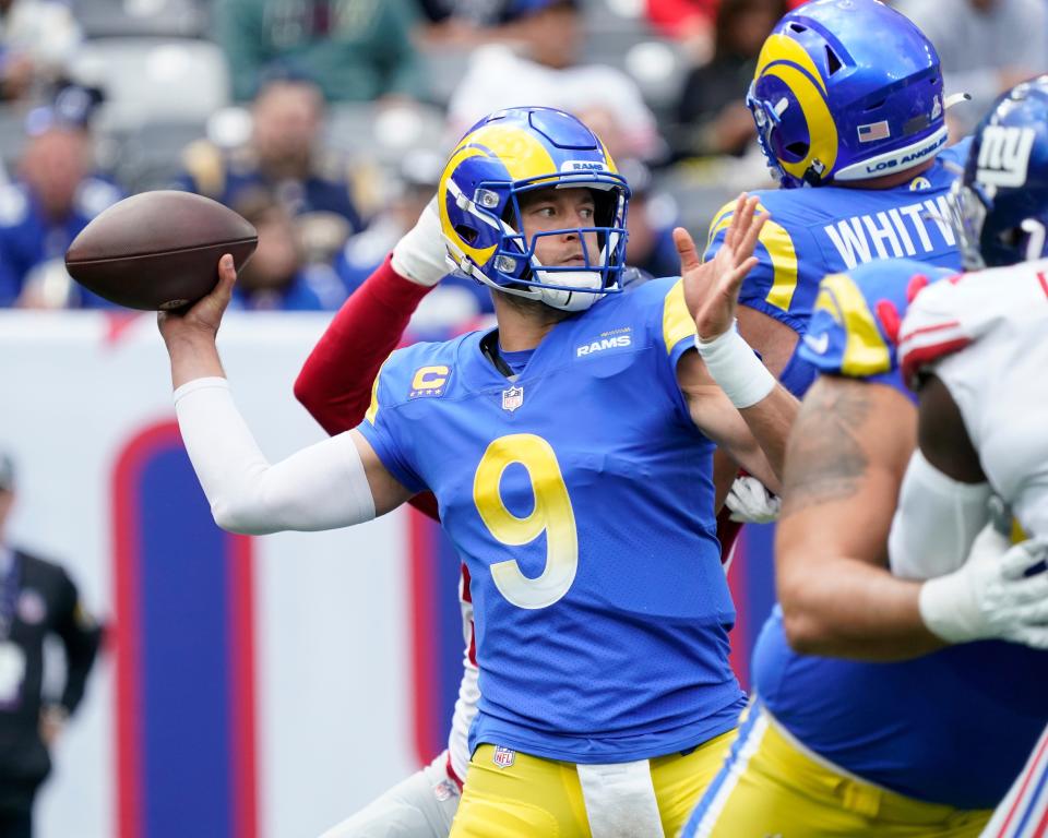 Los Angeles Rams quarterback Matthew Stafford throws against the New York Giants in the first half at MetLife Stadium, Oct. 17, 2021 in East Rutherford, N.J.