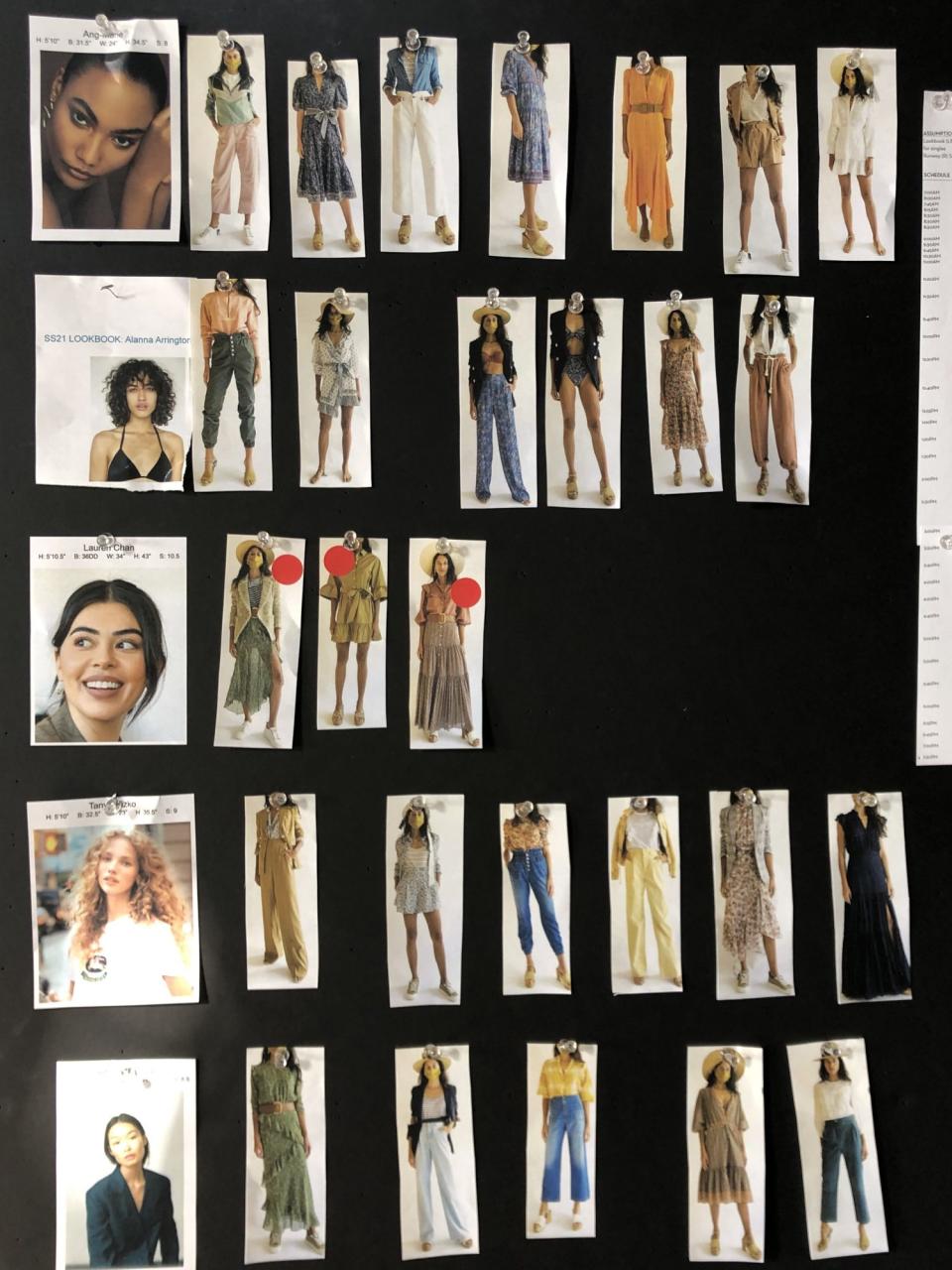 <p>"Here's the board of all of the looks that were shot that day — 27 outfits between five models."</p>