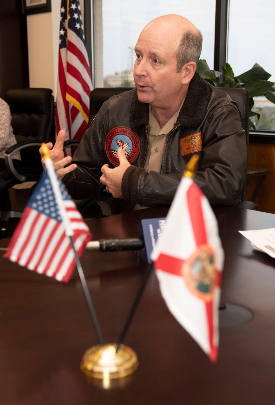 Capt. Tim Kinsella, commanding officer at NAS Pensacola, talks Wednesday, Jan. 5, 2022, about plans to reopen the base to the general public during a press conference at state Sen. Doug Broxson's office in downtown Pensacola.