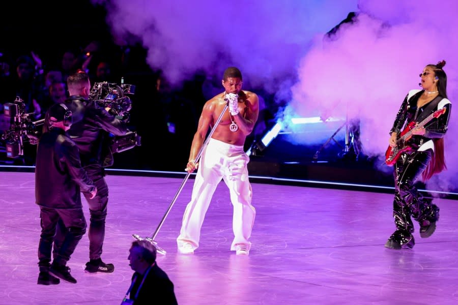 Usher performs at the Apple Music Super Bowl LVIII Halftime Show held at Allegiant Stadium on February 11, 2024 in Paradise, Nevada. (Photo by Christopher Polk/Billboard via Getty Images)