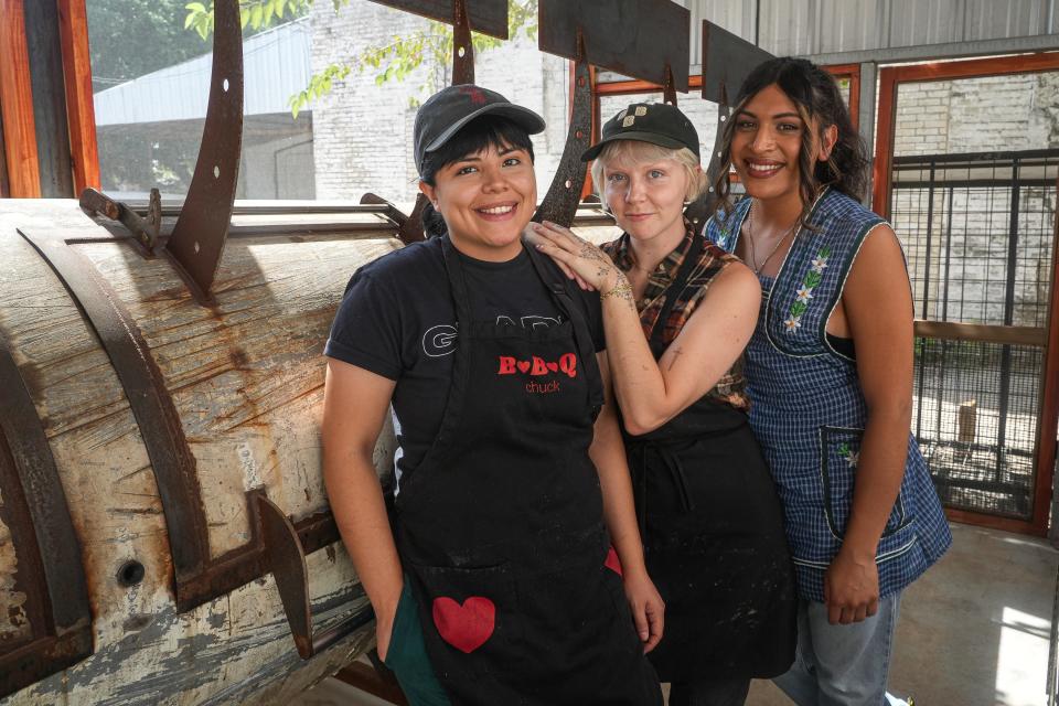 Chuck Charnichart, from left, Haley Conlin and Alexis Tovías Morales are owners and pit masters at Barbs B Q in Lockhart.