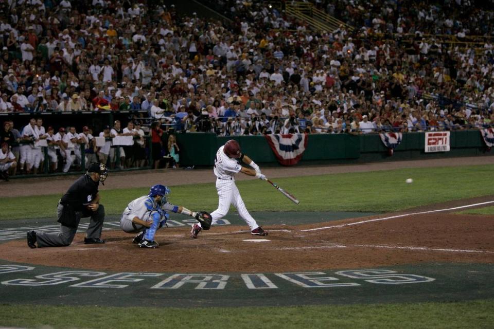 USC’s Whit Merrifield drives in the winning run in the 11th inning during game two of the 2010 College World Series finals between South Carolina and UCLA at Rosenblatt Stadium in Omaha, Neb, Tuesday, June 29, 2010.