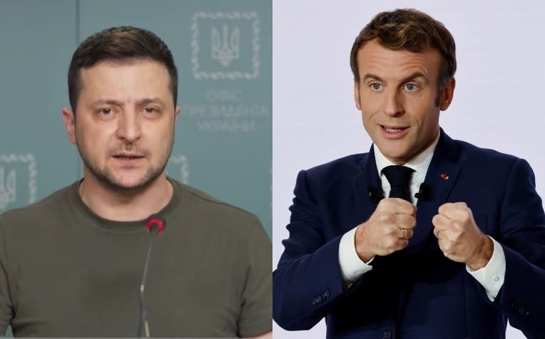 烏克蘭總統澤連斯基（Volodymyr Zelensky）、法國總統馬克宏（ Emmanuel Macron ）   圖：澤連斯基臉書、達志影像/路透社