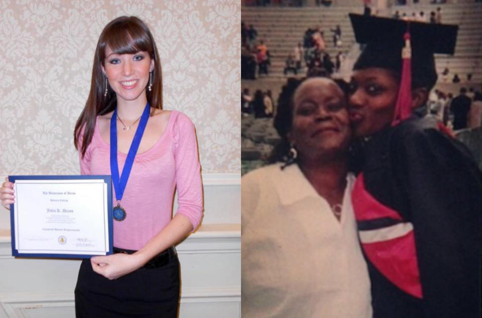 Left: Julia at her college graduation Honors Ceremony; Right: Brianna and her mother during her college graduation.&nbsp; (Photo: Julia/Brianna)