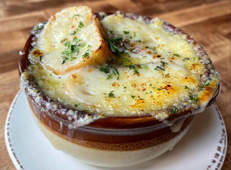 Crepe Cellar’s French Onion Soup is topped with melted gruyère and crostini.