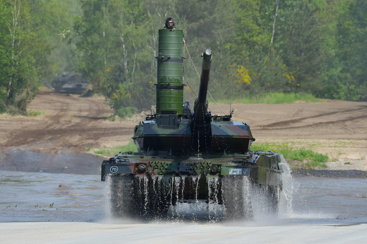 A Leopard 2 A7 main battle tank of the German armed forces Bundeswehr drives during an educational practice of the 