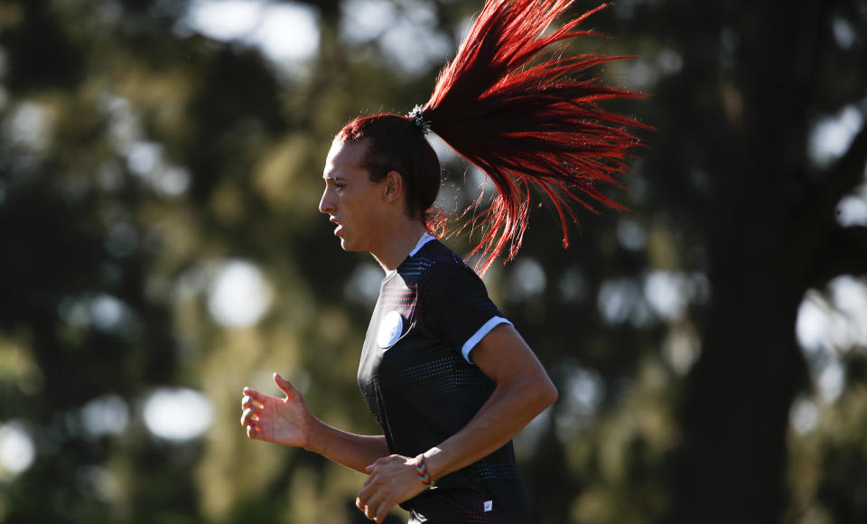 Soccer player Mara Gomez trains with her first division women's soccer team, Villa San Carlos, in La Plata, Argentina, Wednesday, Feb. 12, 2020. Gomez is a transgender woman who is limited to only training with her team while she waits for permission to start playing from the Argentina Football Association (AFA). If approved, she would become the first trans woman to compete in a first division, professional Argentine AFA tournament. (AP Photo/Natacha Pisarenko)