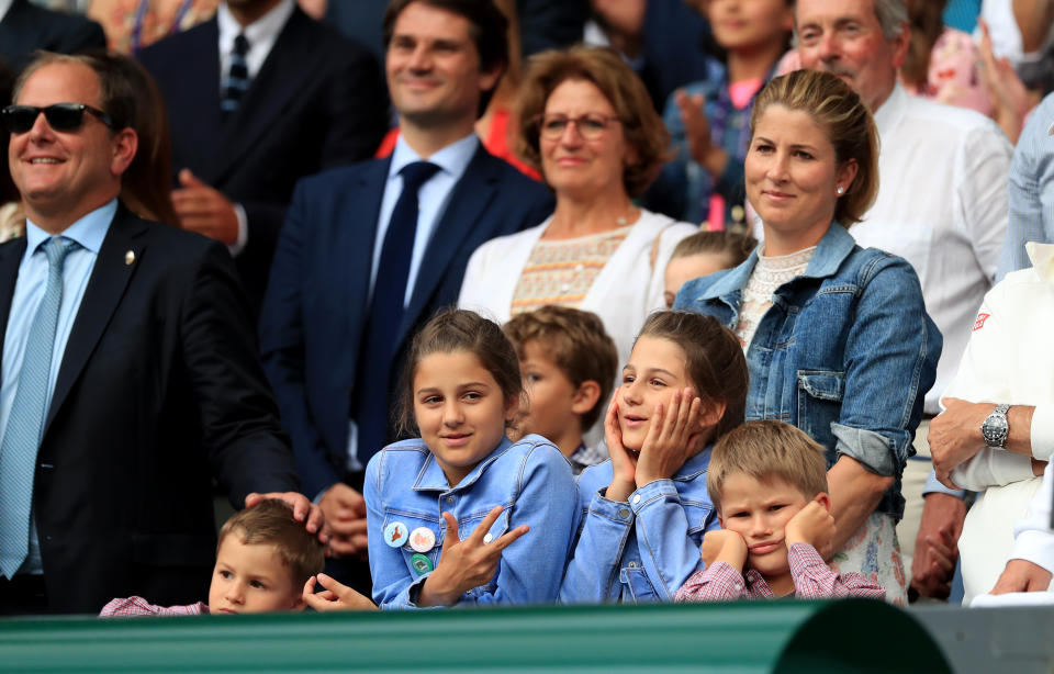 Roger Federer's wife Mirka with Children, Myla, Leo, Lenny and Charlene on day thirteen of the Wimbledon Championships at the All England Lawn Tennis and Croquet Club, Wimbledon. (Photo by Mike Egerton/PA Images via Getty Images)