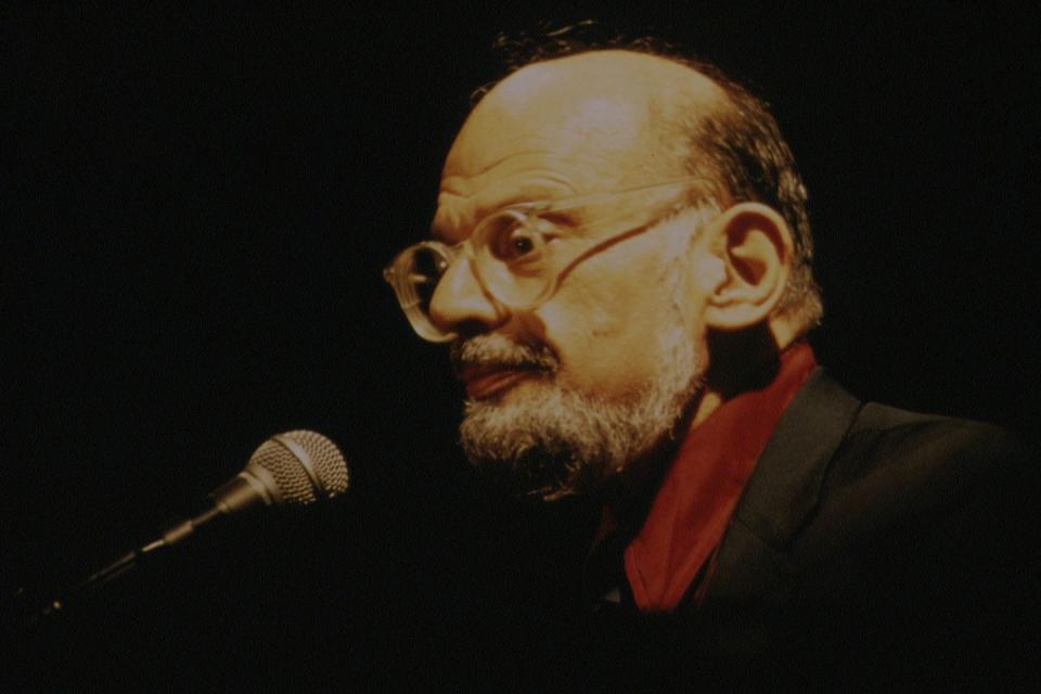 <p>Allen Ginsberg performing at The Viper Room during a poetry fair on September 1, 1994.</p>