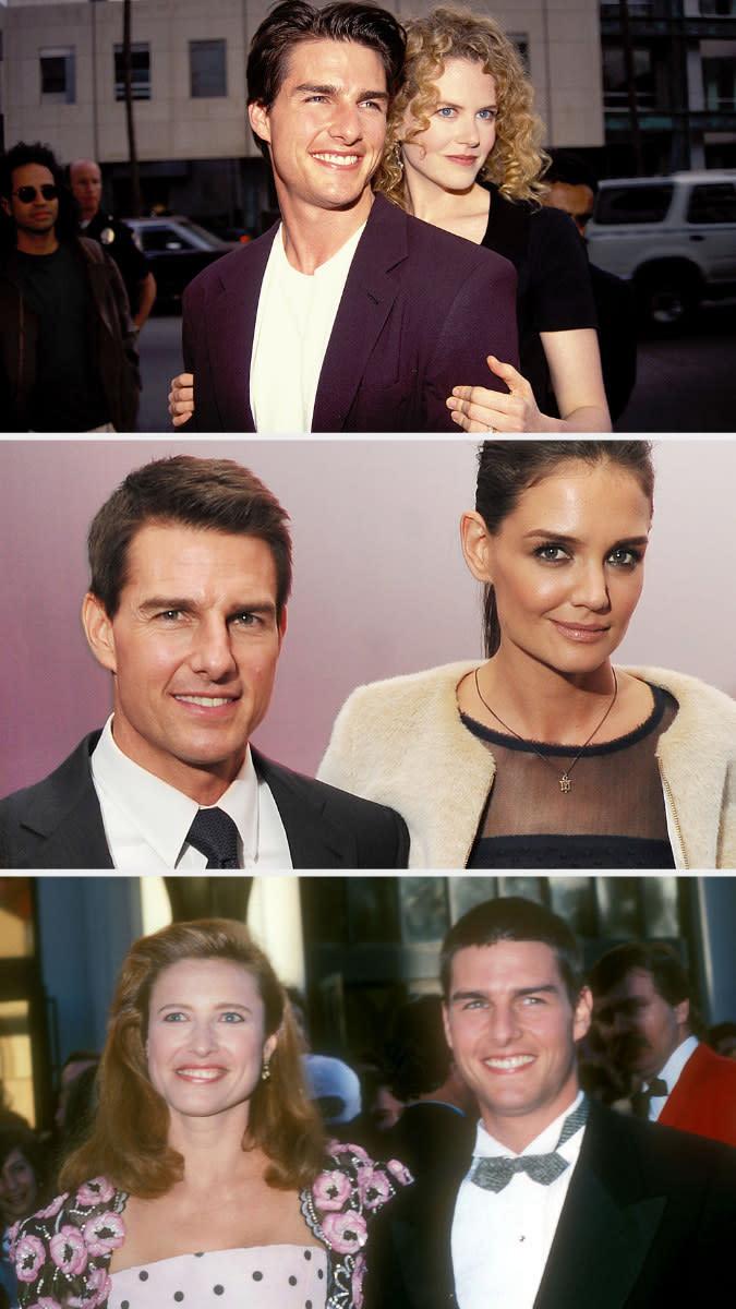Cruise and Kidman in the '90s; Cruise and Holmes in 2011; Cruise and Rogers in 1989