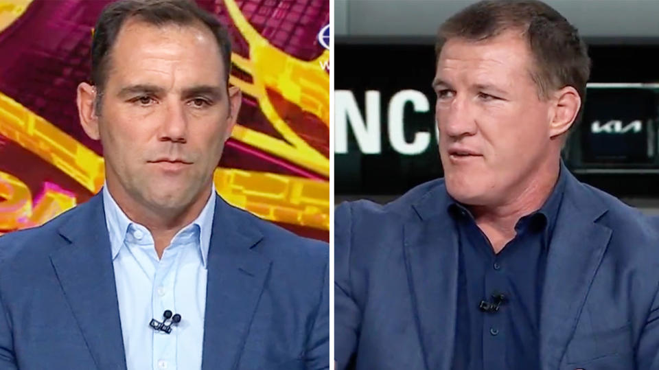 Cameron Smith and Paul Gallen talk during broadcast.