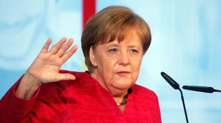 German Chancellor Angela Merkel speaks during the "70 Years of Social Market Economy" anniversary event at the Federal Ministry for Economic Affairs and Energy in Berlin, Germany, June 15, 2018. REUTERS/Michele Tantussi