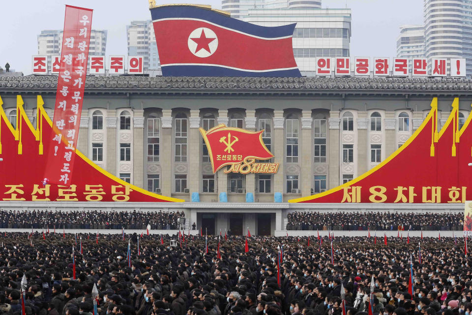 In a mass rally the Pyongyang city army-people celebrate the election of Kim Jong Un as General Secretary of the WPK (Workers' Party of Korea), overlooked by inspirational national symbols at Kim Il Sung Square in Pyongyang, North Korea, Friday Jan. 15, 2021. (AP Photo/Jon Chol Jin)