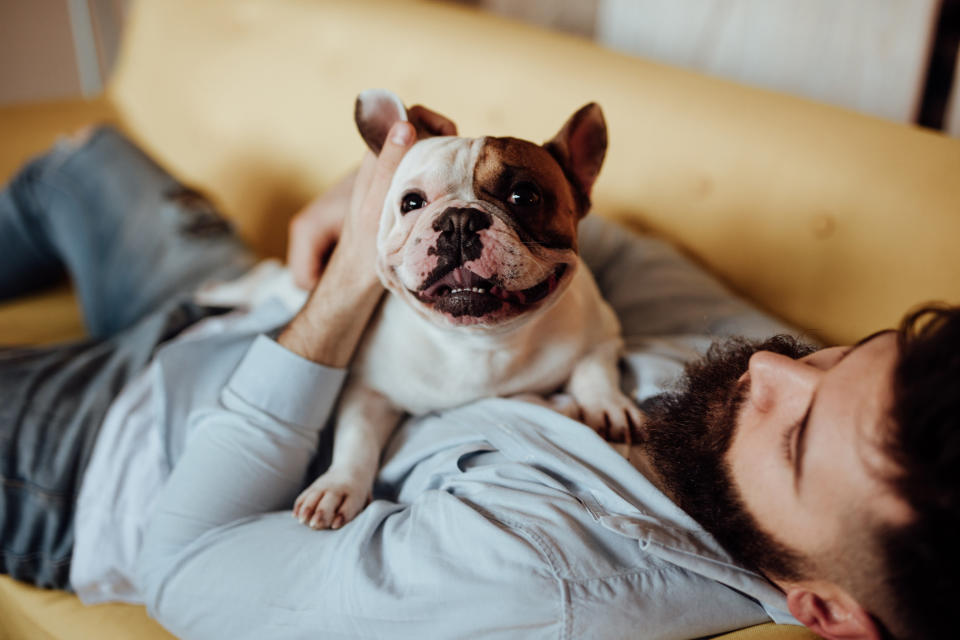 Man cuddling dog on the couch