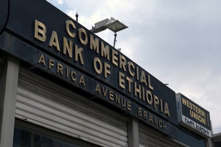 A signage shows the branch of Commercial bank of Ethiopia along Bole Road in Addis Ababa