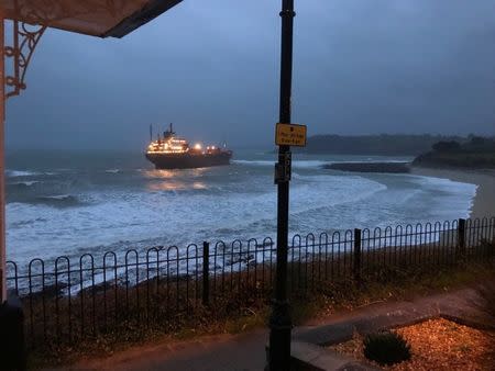 A Russian ship runs aground in Falmouth, Cornwall, Britain December 18, 2018 in this photo obtained from social media. TWITTER/@ALEXANDRIAPESIC/via REUTERS