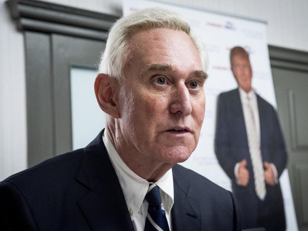 Roger Stone speaks to members of the conservative group America First at the Marriott in Boca Raton, Florida: Michael Ares/Palm Beach Post/AP