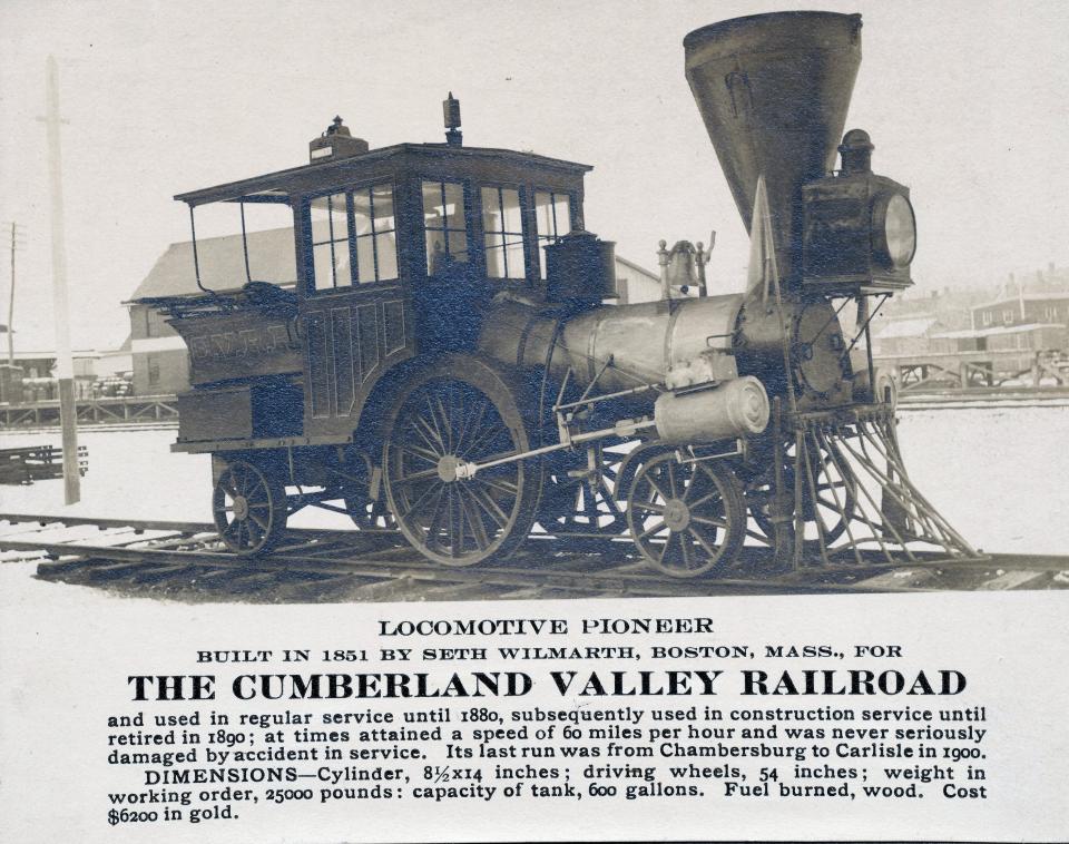 This picture shows the Pioneer at the Cumberland Valley Railroad's Franklin yard on Grant Street in Chambersburg during the early 1900s.