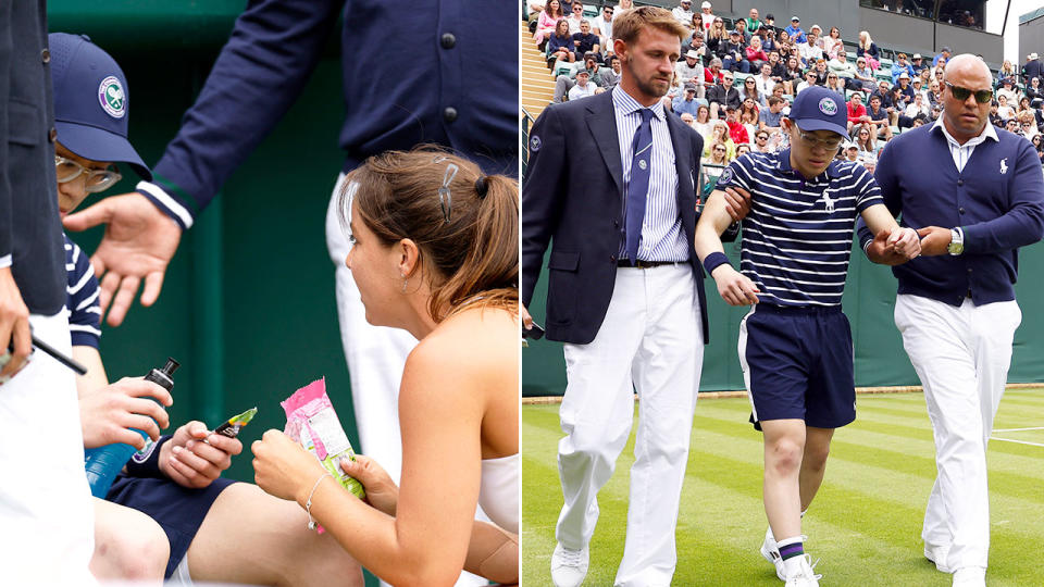 British tennis star Jodie Burrage tended to the unwell ball boy before he was escorted off court at Wimbledon. Pic: AAP