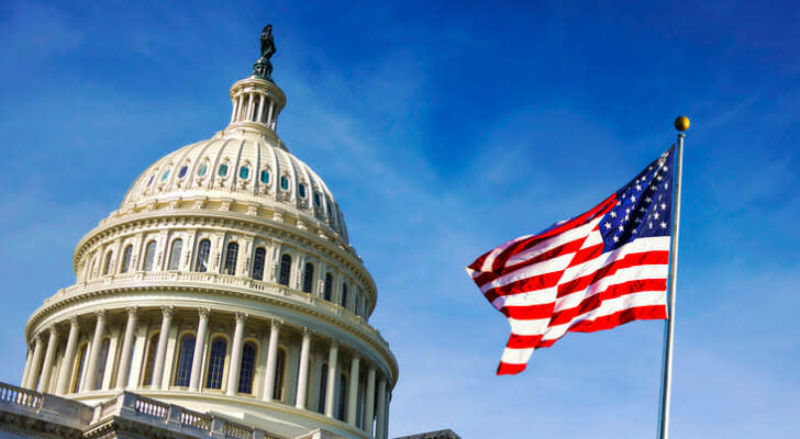 Image shows the U.S. flag waving outside with the Capitol building in the background. SmartAsset analyzed various data sources to conduct its latest study on the states that are most dependent on the federal government.