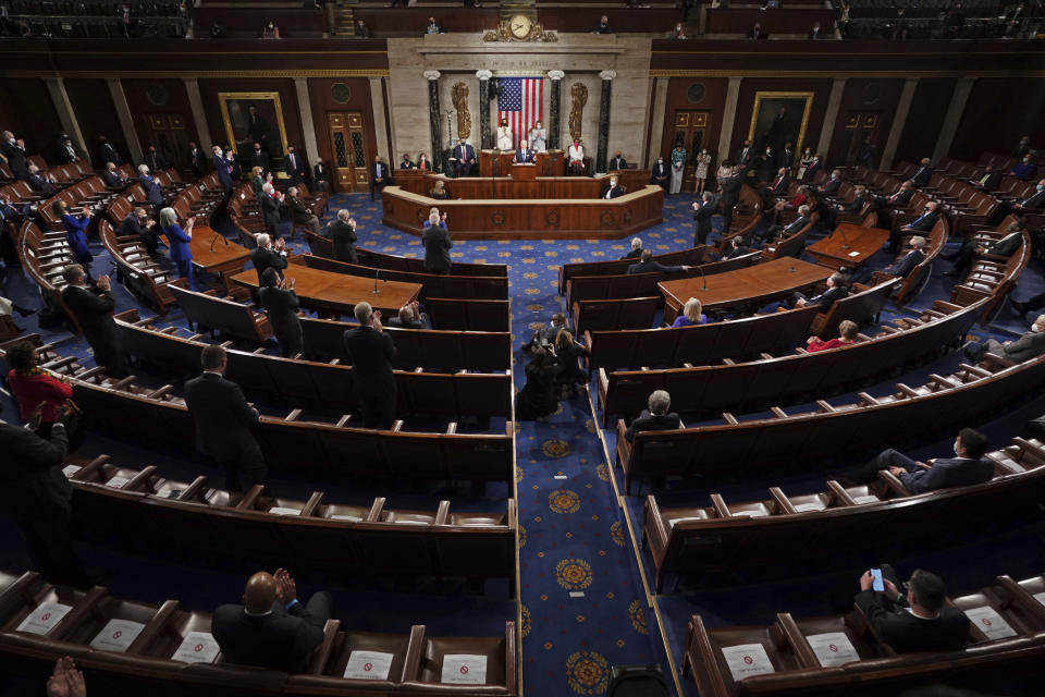 President Joe Biden speaks to a joint session of Congress Wednesday, April 28, 2021, in the House Chamber at the U.S. Capitol in Washington. (Doug Mills/The New York Times via AP, Pool)