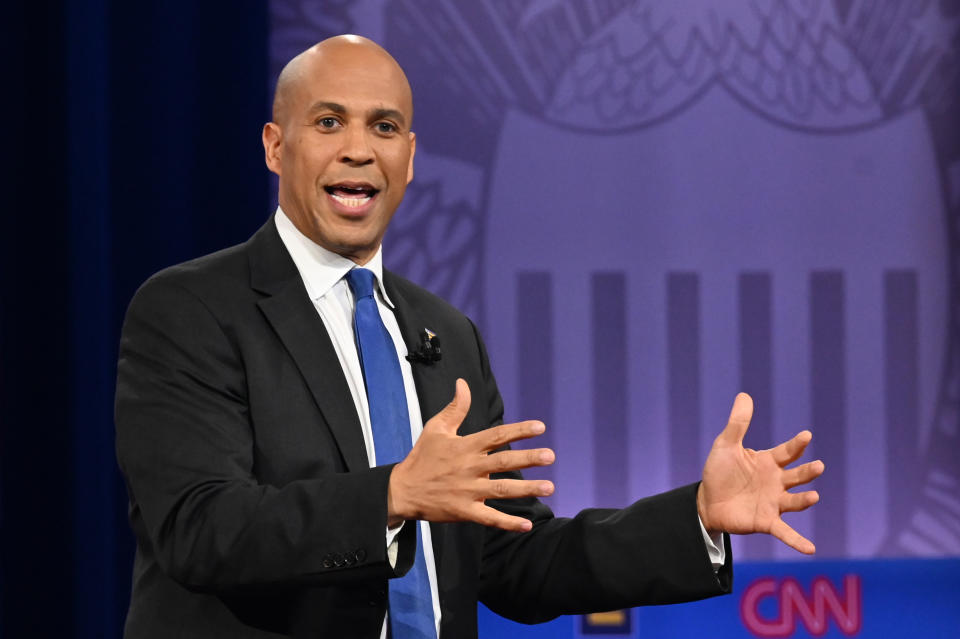 Democratic presidential hopeful New Jersey Senator Cory Booker gestures as he speaks during a town hall at The Novo in Los Angeles on Oct. 10, 2019. (Photo: Robyn Beck/AFP via Getty Images)