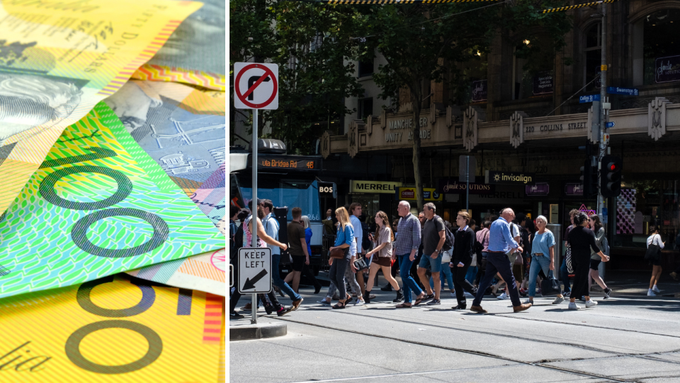 Composite image of Australian money notes and people crossing the street in Melbourne. Savers concept.