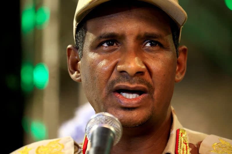 FILE PHOTO: General Mohamed Hamdan Dagalo, head of the Rapid Support Forces (RSF) and deputy head of the Transitional Military Council (TMC) delivers an address after the Ramadan prayers and Iftar organized by Sultan of Darfur Ahmed Hussain in Khartoum