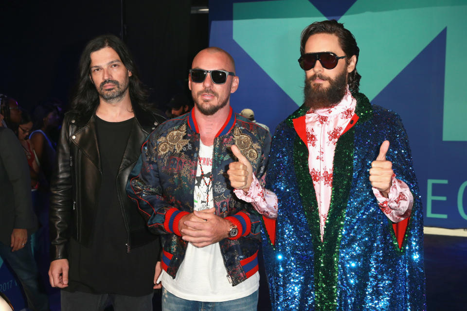 Tomo Milicevic, Shannon Leto and Jared Leto of music group Thirty Seconds to Mars attend the 2017 MTV Video Music Awards on Sunday night. (Photo: Rich Fury via Getty Images)
