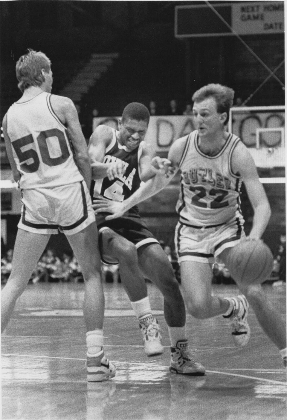 Thad Matta, No. 22, led Butler in assists (100) and three-point field goal percentage (.433) in 1987–88 and in free-throw percentage in 1988–89 (.872).