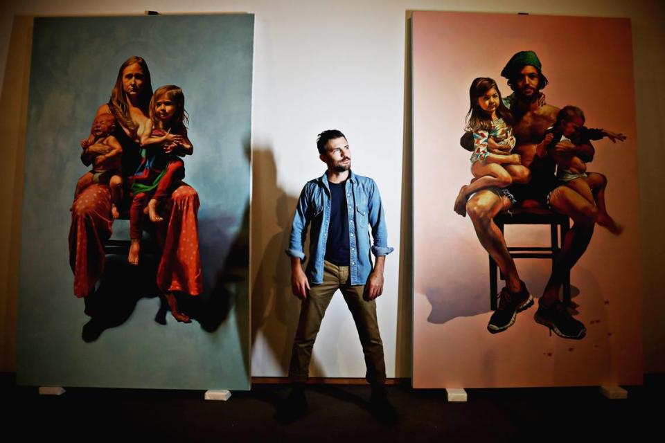 Scott Avett of The Avett Brothers has an exhibit titled “Scott Avett : INVISIBLE” at the North Carolina Museum of Art in Raleigh. Avett has many personal pieces, including these two pieces featuring him and his wife with two of their children.