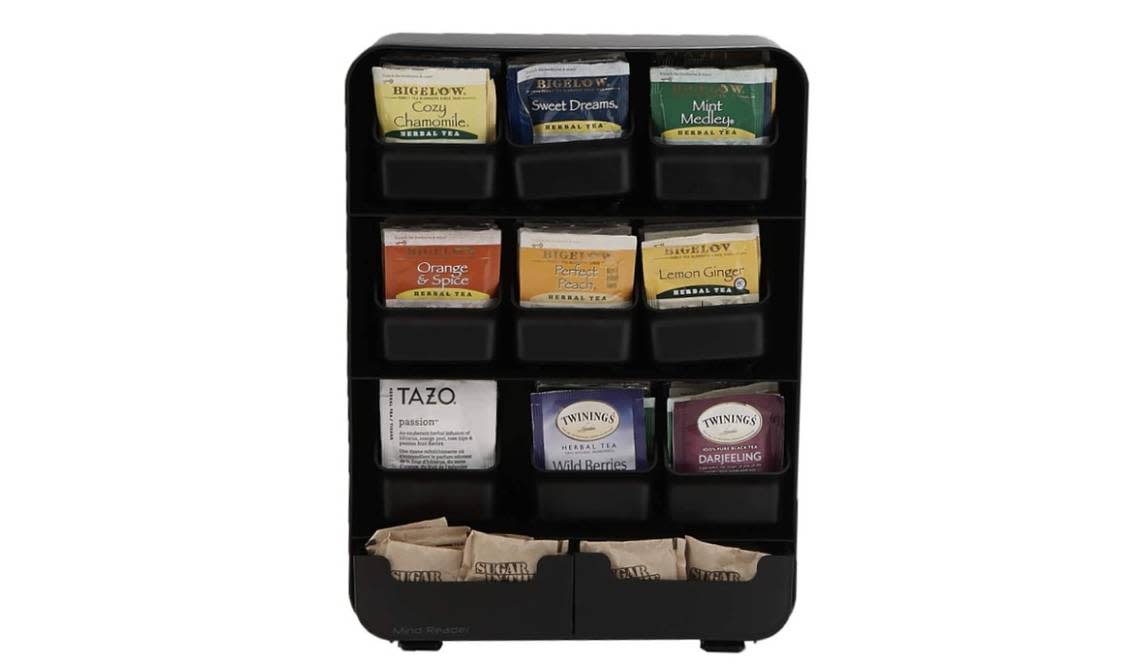This little organizer helps store away your tea bags and condiments to save you some precious counter space. (Source: Amazon)