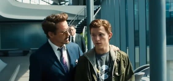 Peter walking with Tony Stark in "Spider-Man: Homecoming"