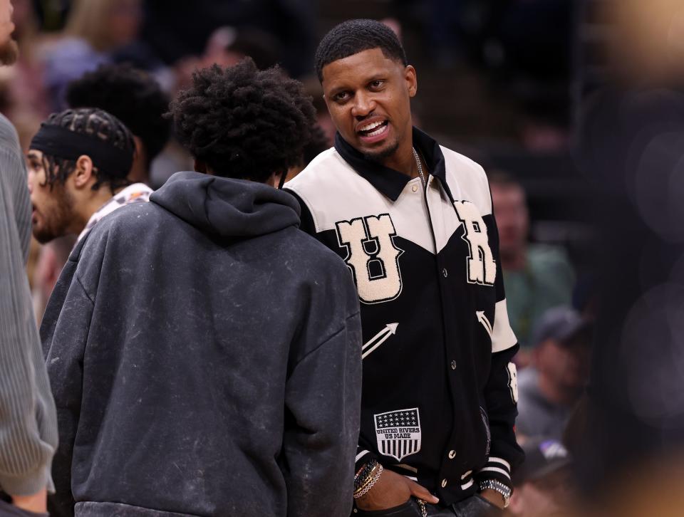 Utah Jazz forward Rudy Gay, right, talks with Jazz guard Collin Sextonduring game vs. Denver in Salt Lake City on Saturday, April 8, 2023. On Monday, news broke that the Jazz had traded Gay and a future second-round pick to the Atlanta Hawks for John Collins. | Scott G Winterton, Deseret News