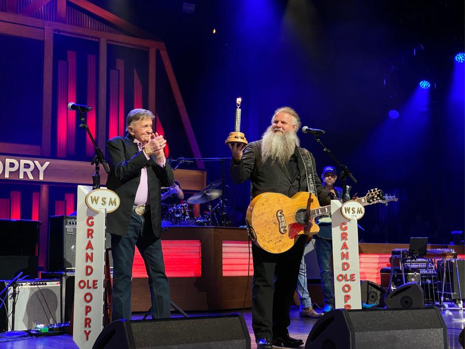 Jamey Johnson, who grew up in Montgomery, is inducted into the Grand Ole Opry on May 14. At left is Bill Anderson.