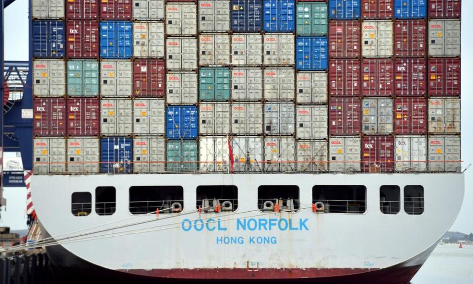 A container ship at Port Botany in Sydney. About 90% of world trade is transported by sea.