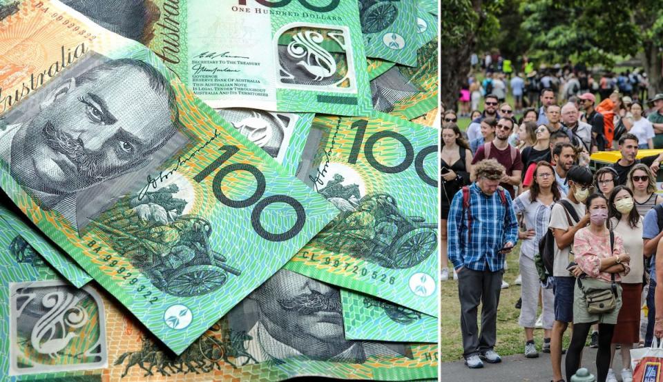 Compilation image of pile of $100 notes and people queuing down a street to represent financial overwhelm