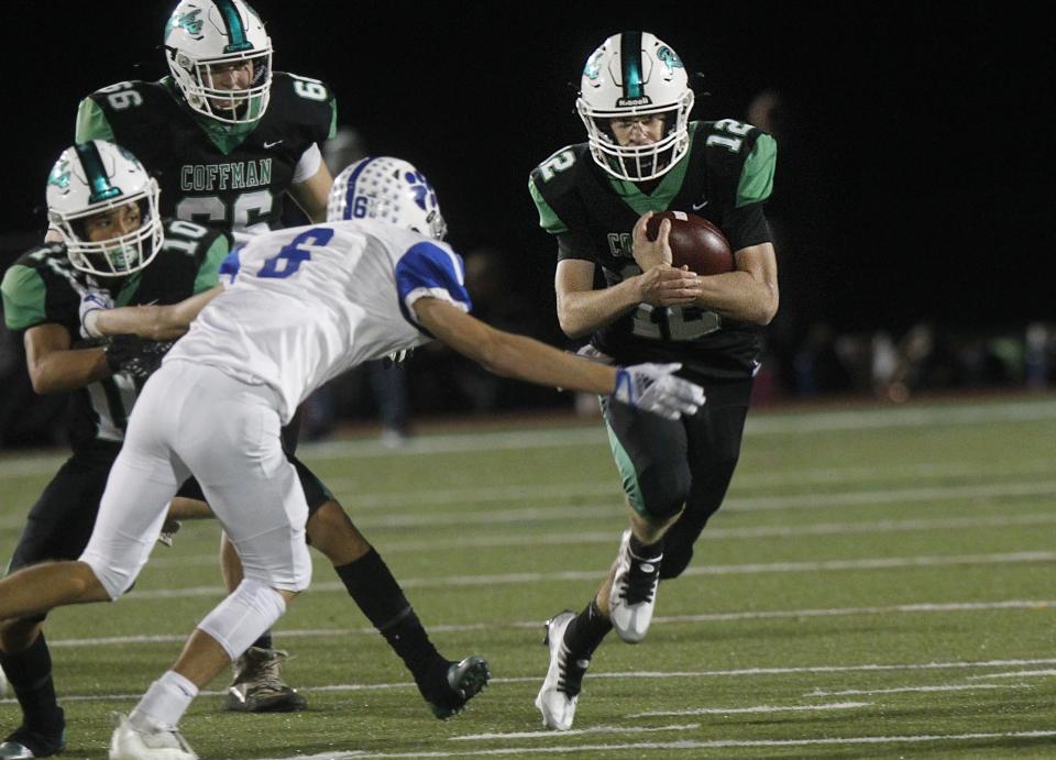 Dublin Coffman quarterback Quinn Hart rushed for 233 yards and three touchdowns and threw for a score in a 35-14 win over Dublin Jerome on Friday.