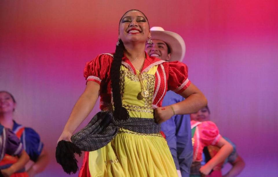Leslie Gonzales performs ‘La Guayabita’ from Puebla at the Central East Danzantes de Tláloc 25th anniversary show at the Performing Arts Center on May 26, 2023.