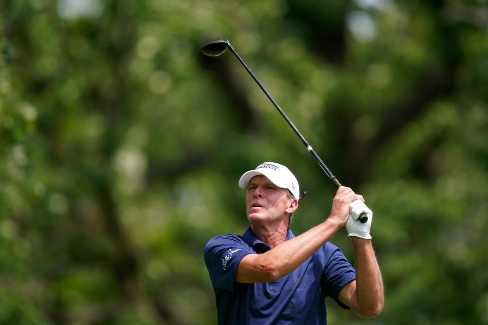 Steve Stricker hits off the third tee during the final round of the PGA Tour Champions Principal Charity Classic golf tournament June 5 in Des Moines, Iowa.