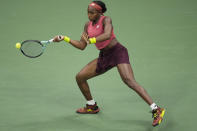 Coco Gauff, of the United States returns a shot to Aryna Sabalenka, of Belarus, during the women's singles final of the U.S. Open tennis championships, Saturday, Sept. 9, 2023, in New York. (AP Photo/John Minchillo)