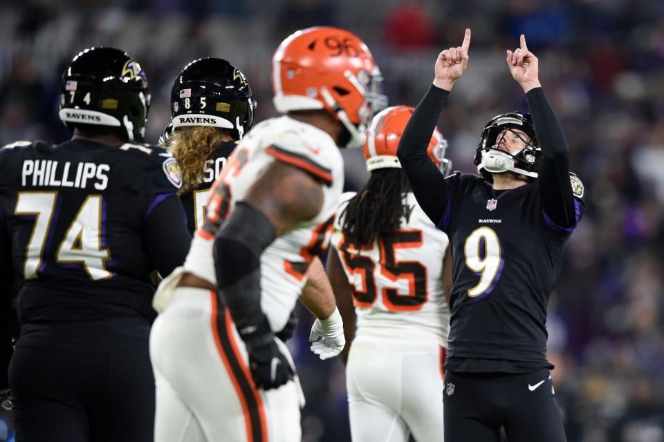 Baltimore Ravens kicker Justin Tucker (9) gestures after kicking a field goal against the Cleveland Browns during the first half of an NFL football game, Sunday, Nov. 28, 2021, in Baltimore. (AP Photo/Gail Burton)