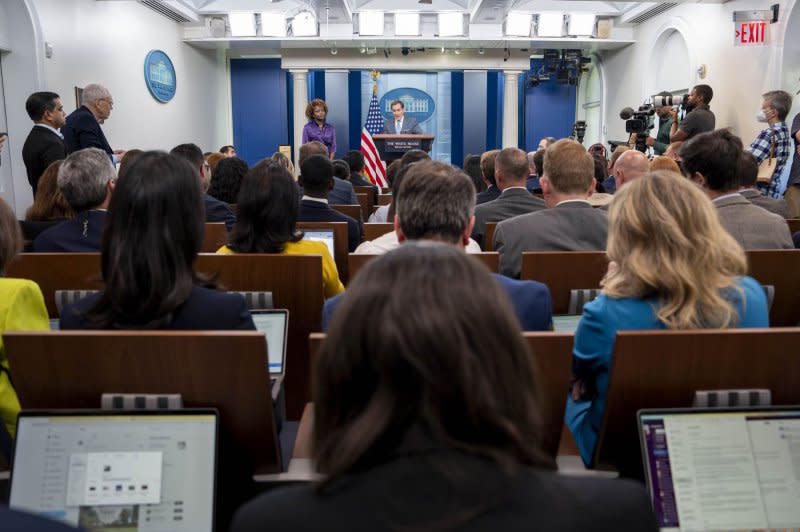National Security Council Coordinator for Strategic Communications John Kirby speaks at the White House Press Briefing in Washington, D.C., on Thursday, during which he discussed U.S. efforts to free American hostages. Photo by Ken Cedeno/UPI