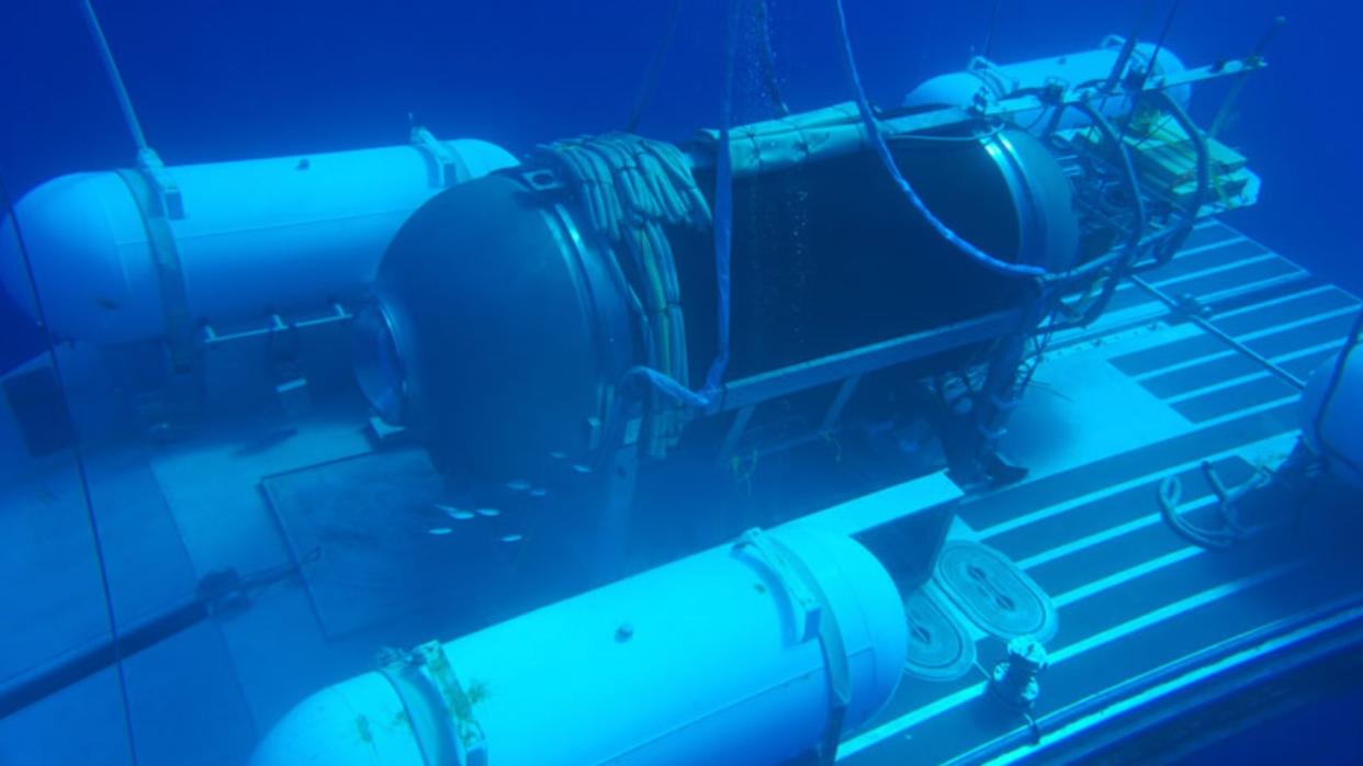  OceanGate's Titan submersible on an underwater platform prior to a 2018 test dive. 