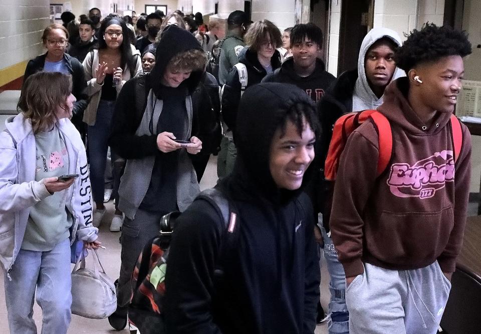 Students crowd the hallway as classes change in the annex at Riverdale High School on Wednesday, March 22, 2023.