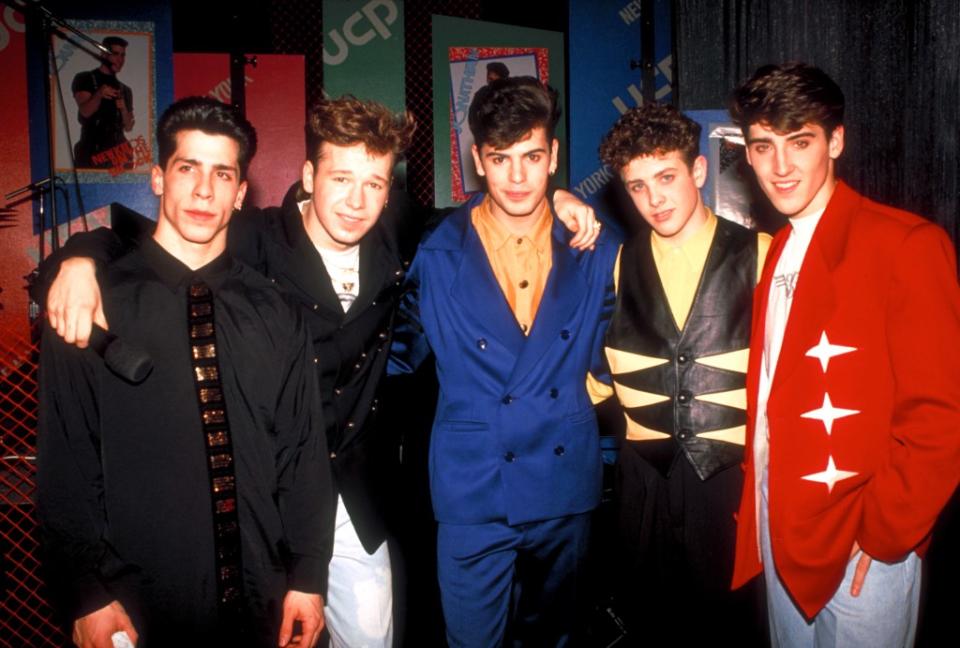 The New Kids on the Block (from left) Danny Wood, Donnie Wahlberg, Jordan Knight, Joey McIntyre and Jonathan Knight, disbanded in 1994 — but reunited in 2008. Getty Images