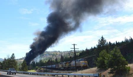 Smoke billows from a derailed oil train near Mosier, Oregon, U.S. in this handout photo released to Reuters June 3, 2016. Courtesy of Columbia Riverkeeper/Handout via REUTERS